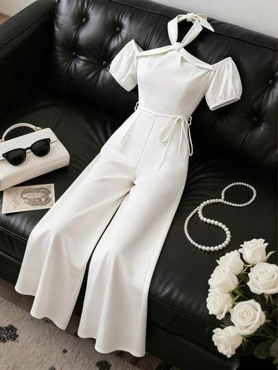 GlowEve CURVE Bộ áo liền quần dáng rộng, tay dài, cổ yếm, hở vai, ống rộng, thanh lịch dành cho nữ, cỡ lớn.