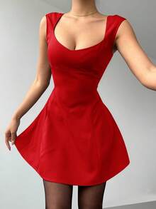 Aloruh Đầm ngắn nữ gợi cảm, tối giản, màu trơn, cổ tim, eo thon, thích hợp cho mùa hè. - Đỏ - Xem 6