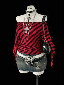 Sunspun Áo thun tay loe họa tiết sọc hở vai nhún eo phong cách Punk cổ điển cỡ lớn dành cho nữ, thích hợp mặc hàng ngày, đi làm, ngày lễ tình nhân, lễ tạ ơn, mùa xuân, mùa hè, mùa thu - Nhiều màu - Xem 5