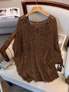 GlowEve CURVE Plus Size Women Crochet Hollow Out Round Neck Batwing Sleeve Loose Pullover - Brown - View 2
