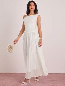 Enchnt 女士纯色不对称肩部褶皱优雅长裙 - 白色 - 查看 3