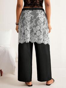 Freevana Pantalon casual à jambes larges avec poches et dentelle contrastée pour femmes grandes tailles - Noir et Blanc - Voir 5