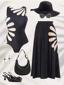 Swim Oasis Bộ đồ bơi liền thân in họa tiết resort thường ngày cỡ lớn dành cho nữ + váy cao cấp, trang phục đi biển, xuân/hè - màu đen - Xem 1
