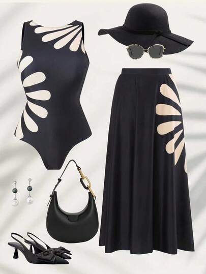 Swim Oasis プラスサイズ レディース カジュアル リゾート プリント ワンピース水着 + スカート ハイエンドセット、ビーチウェア、春夏