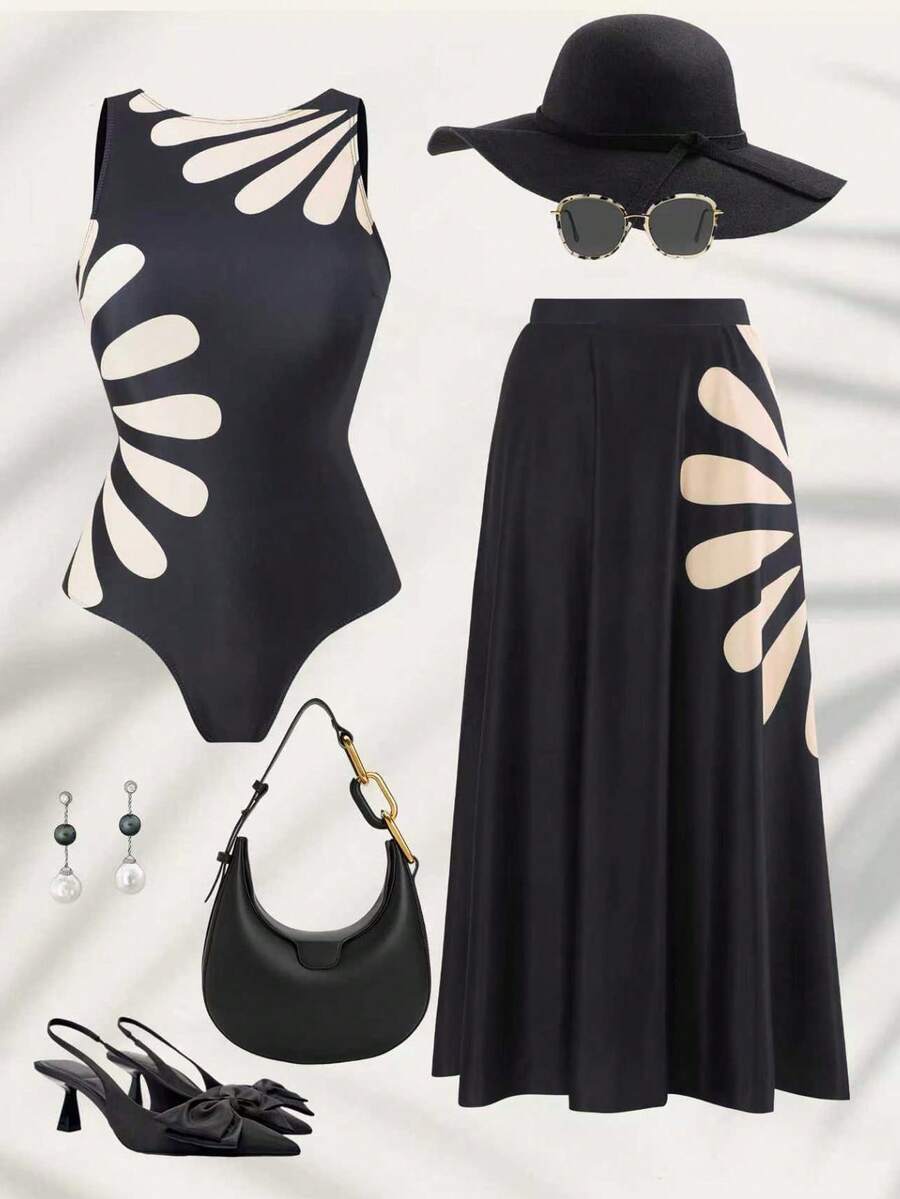 Swim Oasis Bộ đồ bơi liền thân in họa tiết resort thường ngày cỡ lớn dành cho nữ + váy cao cấp, trang phục đi biển, xuân/hè - màu đen - Xem 1