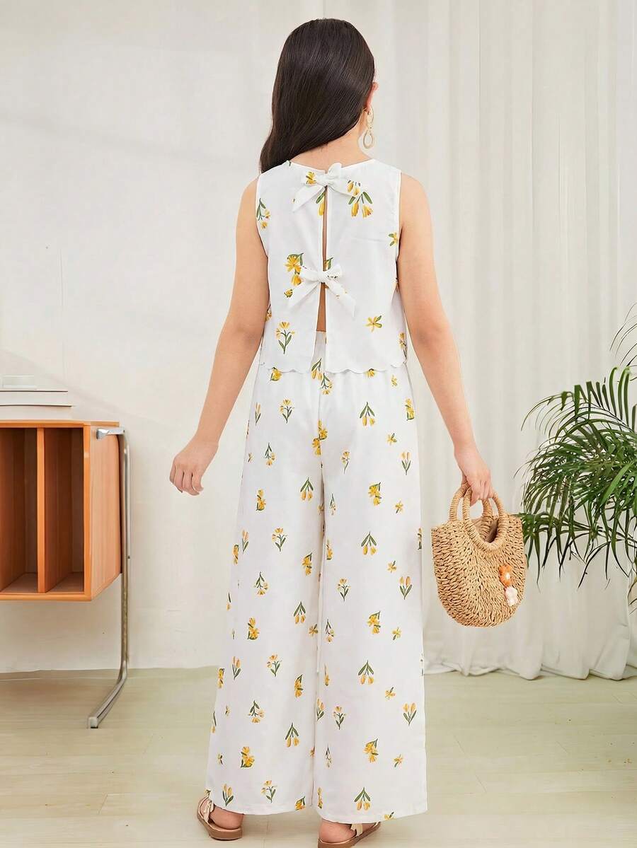 SHEIN 少女休闲度假印花3D蝴蝶结装饰贝壳边圆领无袖开衫和阔腿裤套装 - 彩色 - 查看 1