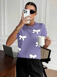 SHEIN Cottnline Women's Colorblock Bow Knit Short Sleeve Top - Lilac Purple - View 4