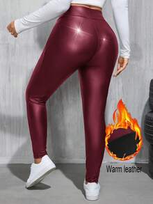 SHEIN Essnce Quần legging da PU co giãn màu đen, lót giữ nhiệt, thời trang thường ngày cho nữ cỡ lớn mùa thu đông, quần nữ, trang phục mùa đông, quần ôm dáng, thời trang đường phố, quần da, quần legging lông cừu, quần legging lót giữ nhiệt, quần legging ấm áp, quần tất nữ. - Màu Đỏ Sâu - Xem 2
