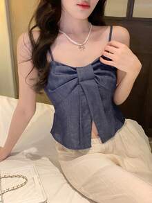 DAZY Women's Spaghetti Strap Bow Tie Camisole, Korean Style Denim Effect Summer Top - Blue - View 7