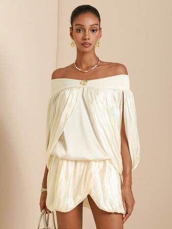 SHEIN Veneréa Women's Off Shoulder Beige Ruched Floral Mini Dress