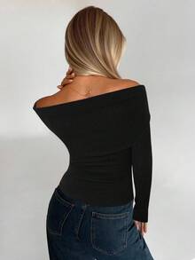 Aloruh Áo len dài tay khoét vai lông giả màu cà phê - màu đen - Xem 2