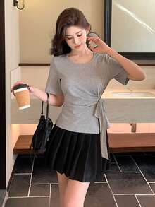 DAZY Áo thun dài tay màu trơn thắt nơ phía trước dành cho nữ, thích hợp cho mùa hè và mùa xuân. - Xám - Xem 5