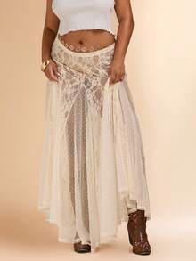 SHEIN BAE 大码女式黑色长款蕾丝透视半身裙，性感紧身A字裙，适合情人节、夏季、生日、正式场合 - 杏色 - 查看 4