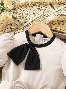 1pc Girls Casual Butterfly Collar Puff Sleeve Belted Jumpsuit - Apricot - View 8