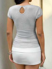 FavEase Casual Versatile Deep V Hollow Out Short Sleeve T-Shirt, Light Gray, Spring/Summer/Autumn - Grey - View 2