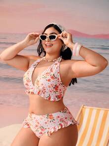 Swim Mod 女士夏季沙滩印花露背系带性感比基尼泳衣套装 - 白色 - 查看 4