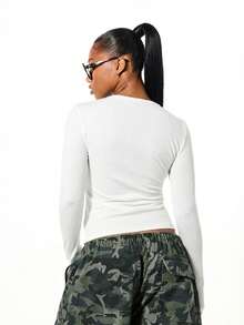 SUMWON WOMEN Long Sleeve Varsity Number Baby Tee With Button Detail Ribbed Crop Top College Style Graphic Print Stars - White - View 2