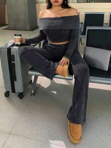 SHEIN EZwear 大码休闲家居服简约露肩粗条纹两件套 - 灰色 - 查看 6
