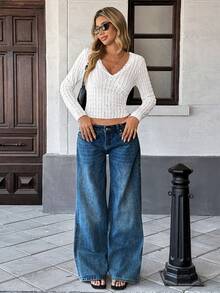 SHEIN PariChic Women's Long Sleeve Fitted T-Shirt, Textured Fabric Patchwork - White - View 4