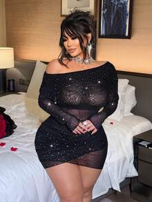NU&NOW Sexy Elegant Date Party Sheer Sequin Mesh Solid Off-Shoulder Asymmetric Neck Long Sleeve Ruffle Maxi DressValentine's Day - Black - View 4