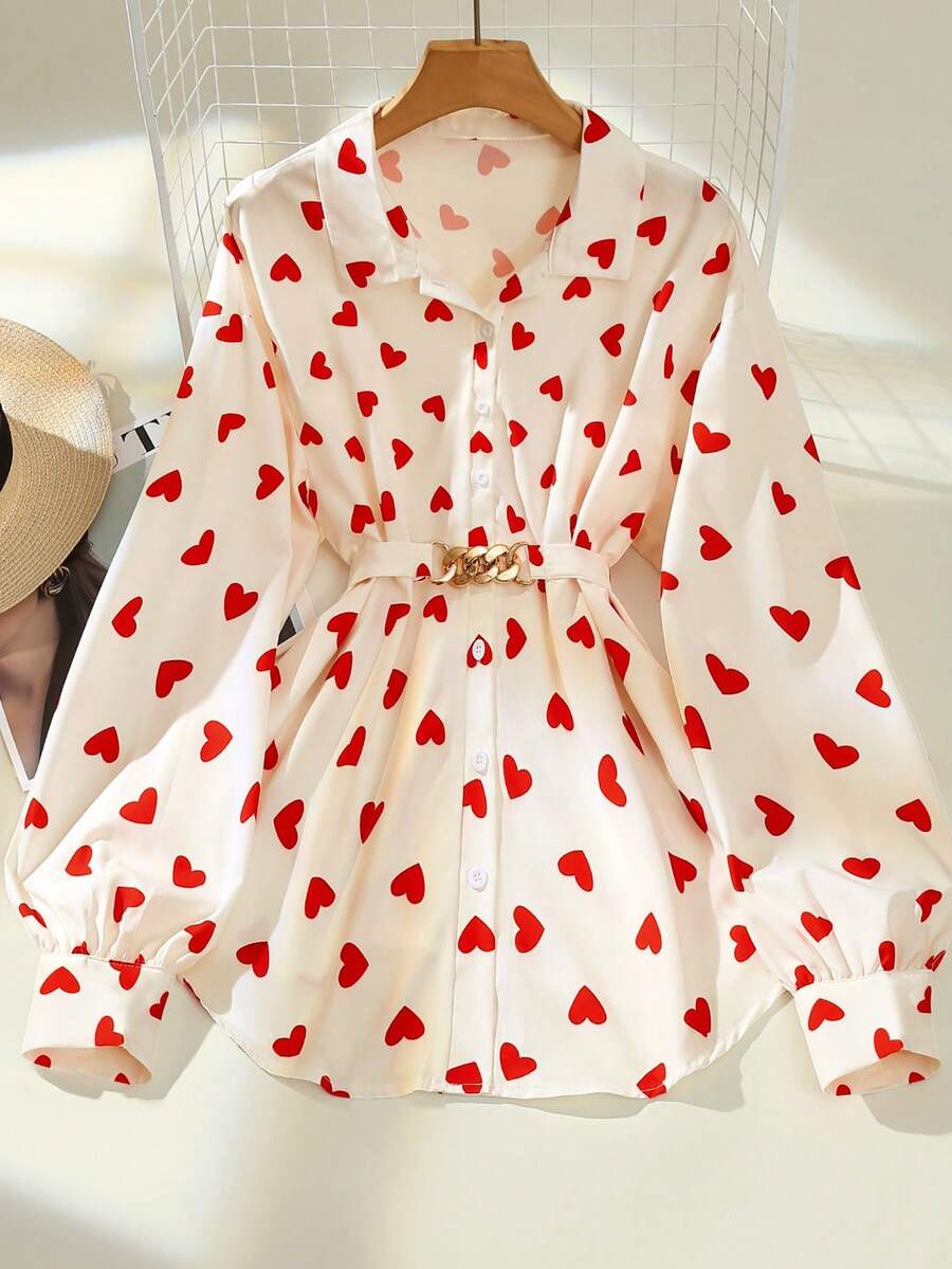 Chiquease 女士优雅心形印花休闲衬衫，翻领，长袖，配腰带，适合春夏穿着，情人节适用 - 彩色 - 查看 1