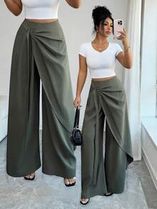 SHEIN Elenzya Women's Elegant Casual Commuting Asymmetrical Loose Pants - Green - View 1