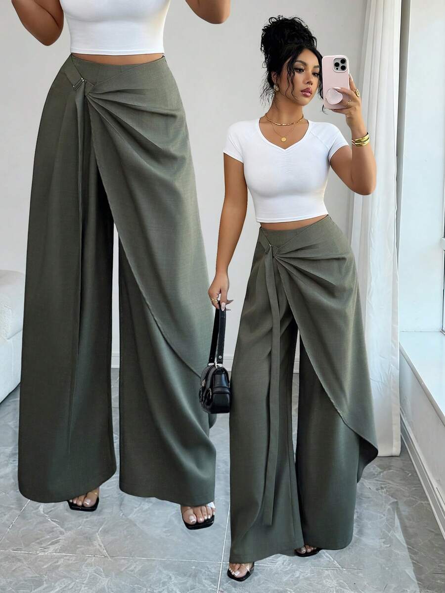SHEIN Elenzya Women's Elegant Casual Commuting Asymmetrical Loose Pants - Green - View 1