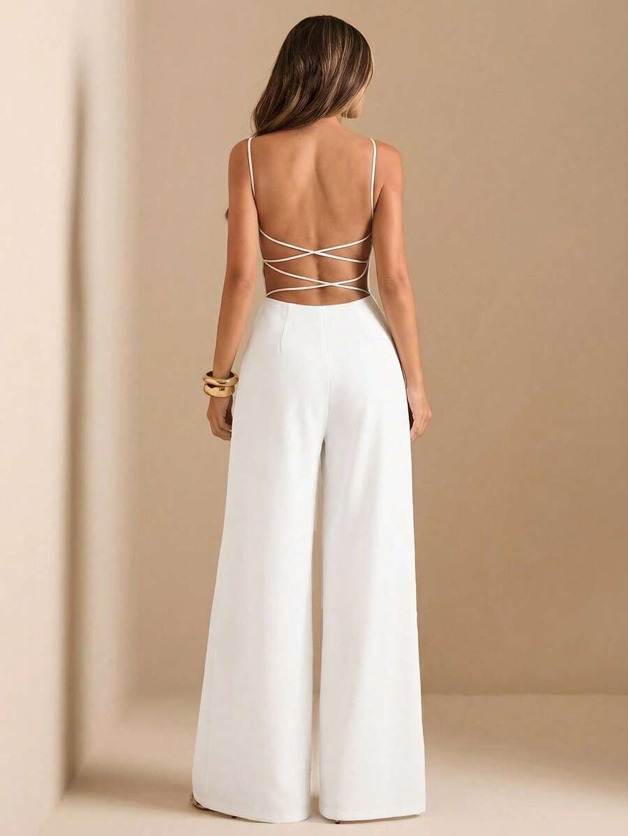 SHEIN BAE Bộ jumpsuit đen hở lưng, jumpsuit ống rộng hai dây gợi cảm dành cho nữ, trang phục thanh lịch để đi chơi hàng ngày, hẹn hò, dự tiệc. - trắng - Xem 1
