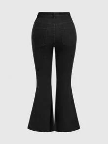 ROMWE Grunge Punk Plus Size Punk Rivet Waist Design Versatile Plus Size Flare Jeans - Black - View 2