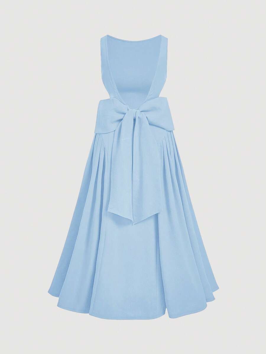 SHEIN MOD 大码露背蝴蝶结A字中长连衣裙，婚纱，约会礼服，情人节礼服 - 淺藍色 - 查看 1
