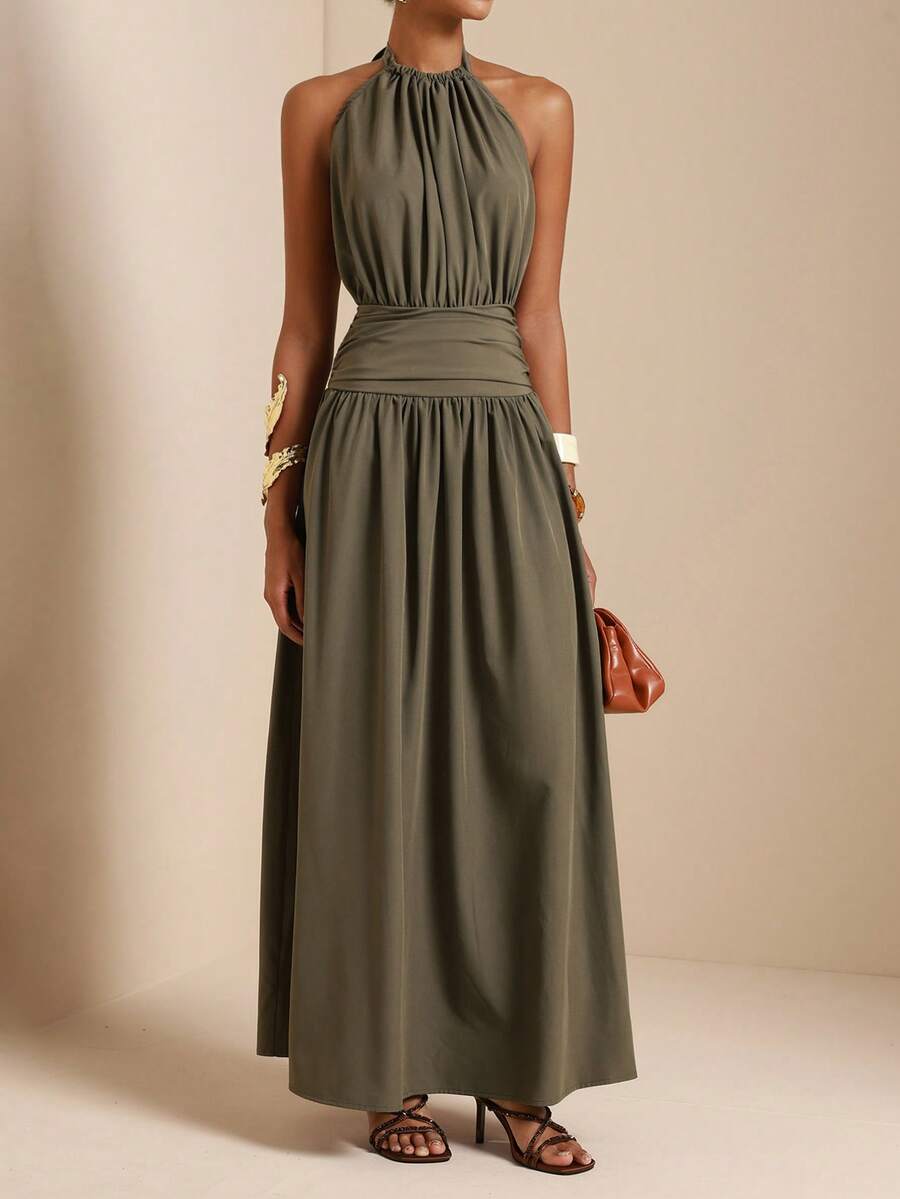 SHEIN Veneréa 女士纯色褶裥腰部时尚吊带连衣裙，适合度假穿着 - 橄欖綠 - 查看 1