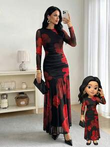 Firerie Váy maxi dài tay cổ tròn họa tiết hoa nhiệt đới tương phản màu đỏ và đen thanh lịch dành cho nữ, phù hợp cho mùa xuân/thu, váy ngày lễ họa tiết hoa đỏ, váy dài họa tiết lưới, váy maxi ôm sát, kết hợp với váy dài vào mùa thu/đông, phù hợp cho mùa xuân, hạ, thu, đông, thanh lịch, đi làm, hẹn hò, tiệc tùng, mùa cưới, tốt nghiệp, vũ hội, biểu diễn, hòa nhạc, công sở, trở lại trường, tiệc thường niên, sinh nhật nữ, ngày lễ - Nhiều màu - Xem 3