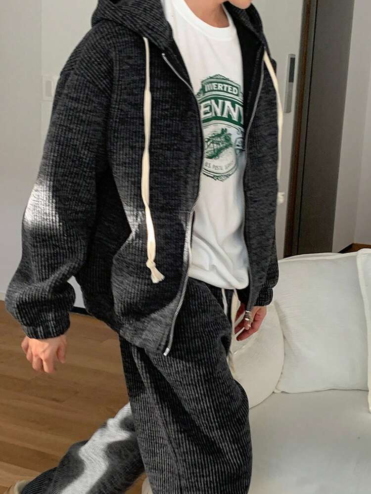 Deep Grey Men's Hooded Jacket Set, Autumn