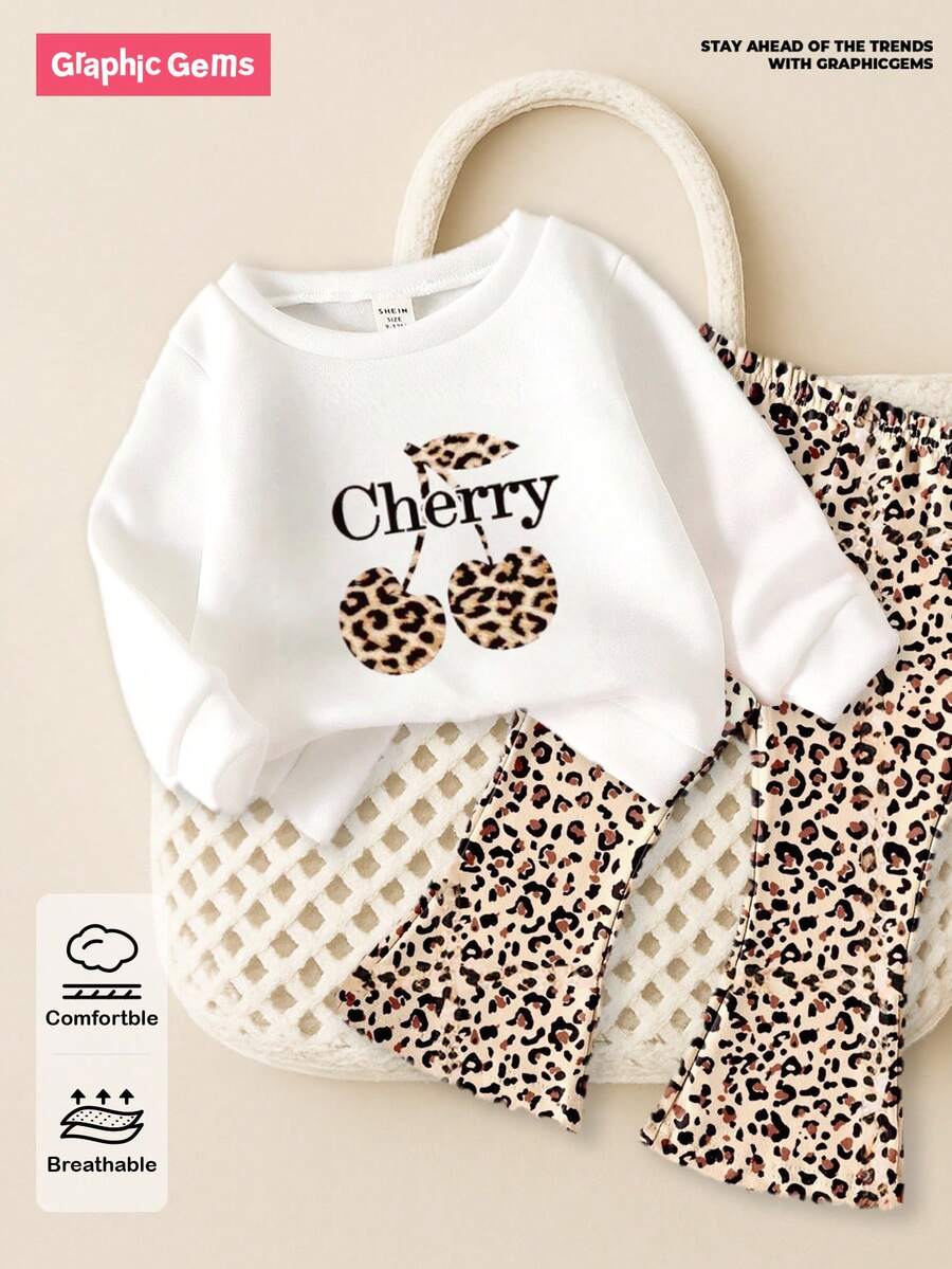 GraphicGems 2pcs/Set Baby Girls Casual Cherry & Leopard Print Cute Sweet Round Neck Long Sleeve Sweatshirt And Leopard Flare Pants Set, Suitable For Autumn/Winter, Halloween, Thanksgiving, Christmas