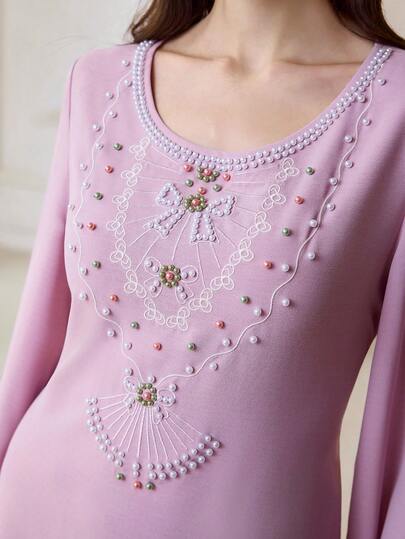 Al Najma Modest, Elegant & Romantic Embroidered Faux Pearl Decorated Arabic Style Dress For Women  Pink Dresses Elegant Long Dress