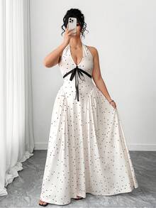 Elenzga 情人节加大码波点印花V领荷叶边拼接吊带长裙，优雅适合外出、度假、派对、约会、下午茶等场合 - 彩色 - 查看 5