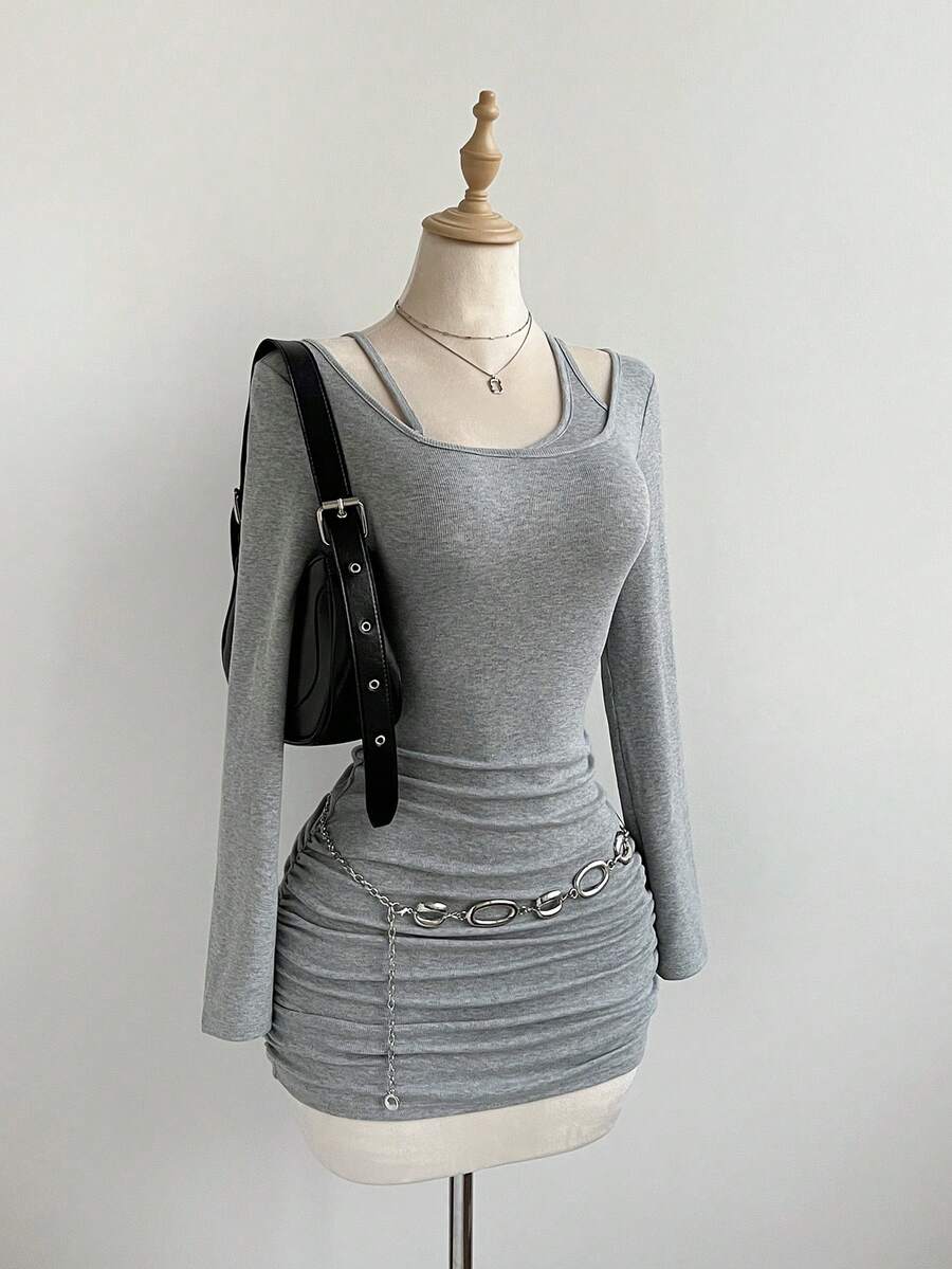 Elamini 女士休闲褶皱修身腰部不对称领口二合一连衣裙 - 灰色 - 查看 1