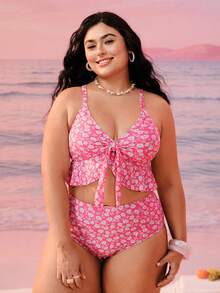 Swim Mod Plus Size Women 2pcs/Set Random Print Thick Strap Sexy Beach Holiday Bikini Swimwear - Multicolor - View 3