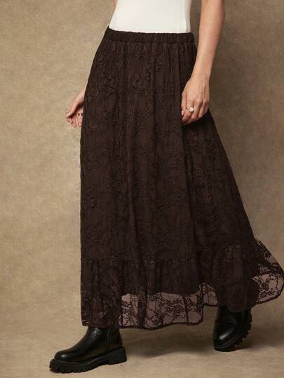 Freevana Plus Size Women Elegant Lace Waist Elastic Waist Vacation Style Skirt