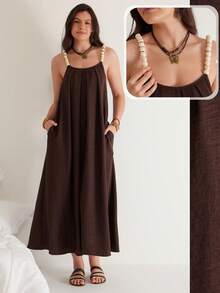 SHEIN VCAY Đầm slip dáng rộng có túi, dây đeo đính hạt, thích hợp cho nữ, mùa hè, đi nghỉ mát. - Cà phê nâu - Xem 8