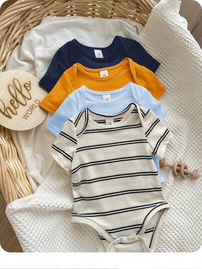 4 st söta stickade elastiska randiga kortärmade sparkdräkter för baby pojke/flicka, enkel body, flerpack, vår/sommar