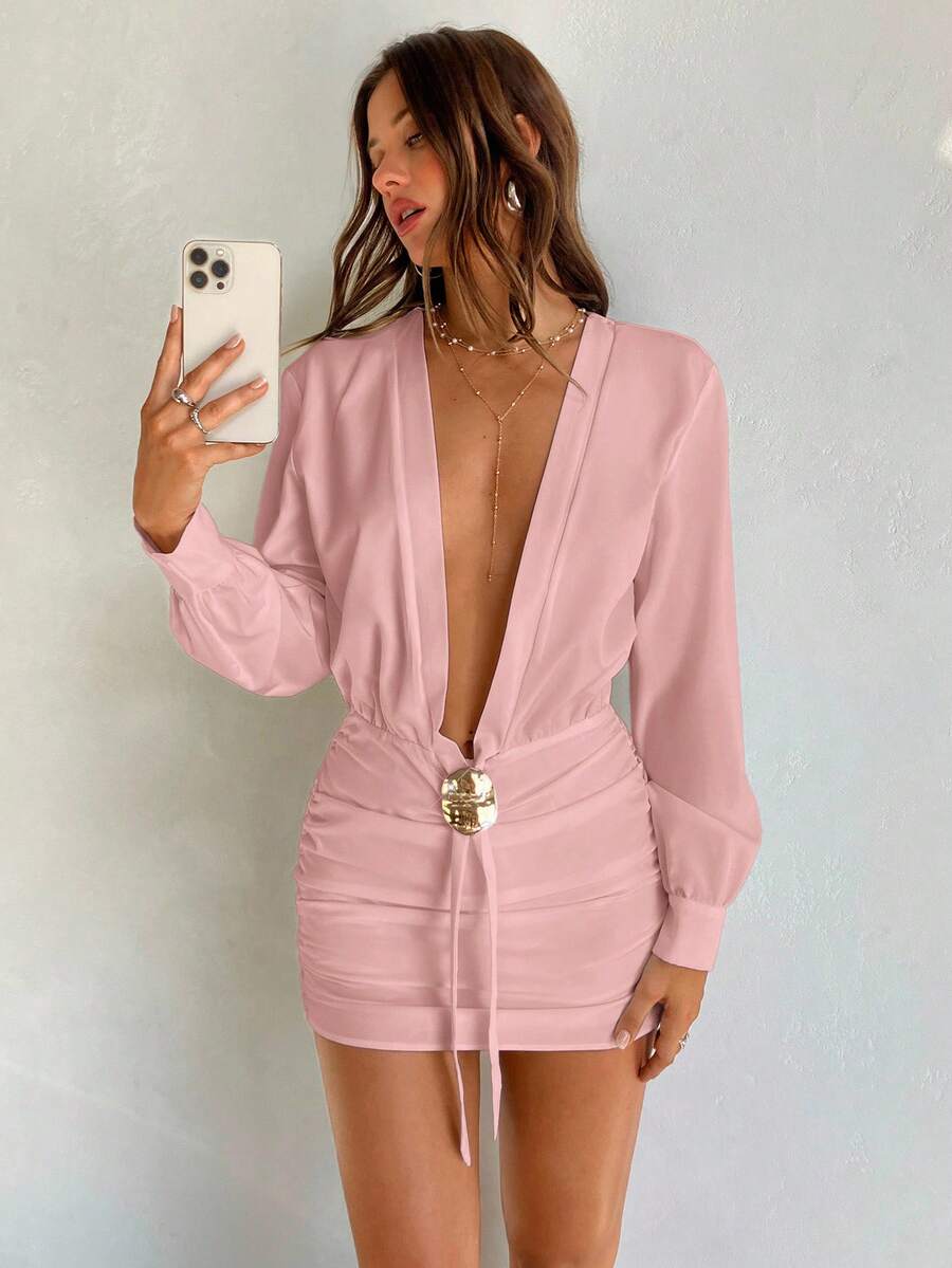 Aloruh Đầm mini trắng tay dài cổ chữ V sâu gợi cảm dành cho nữ mùa Thu/Đông. - Màu Hồng baby - Xem 1