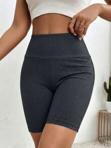 Chiquease 女士纯色高腰罗纹休闲百搭打底裤 - 深灰色 - 查看 4