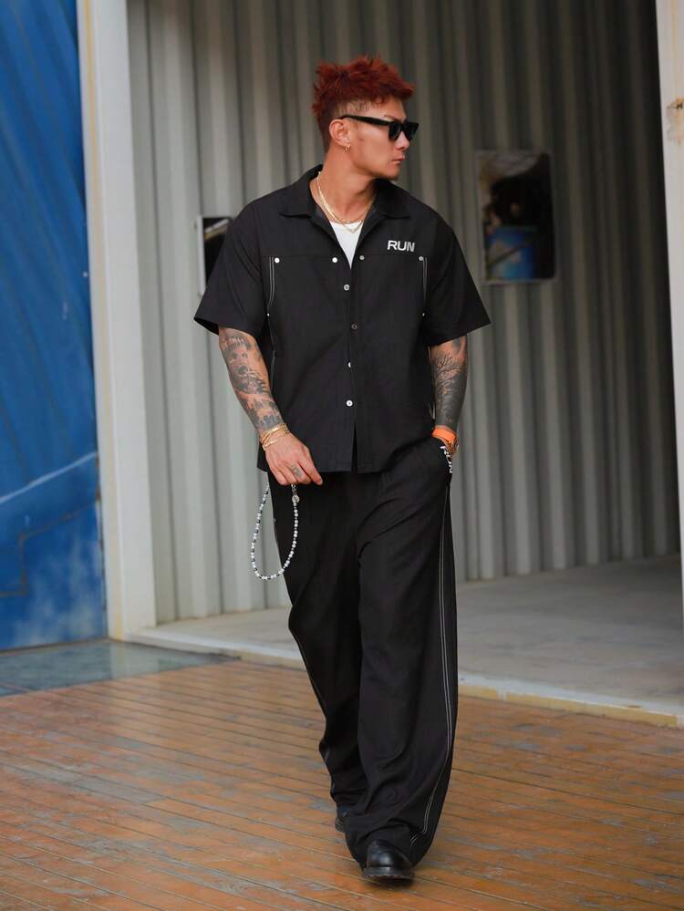 Men's Letter Embroidered Black Short Sleeve Shirt With Jacket Set, Spring/Summer
