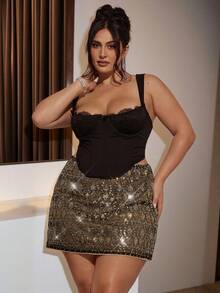 SHEIN BAE Plus Size Women's Fashionable Party Black Sequin Mini Skirt,Women's  Low Rise Sequin Mini Skirt, Super Skirt For Party, Clubbing, Back-To-School,Plus Size Skirt,Cocktail Skirt,Elegant Party Wear,Halloween Costume - Black - View 6