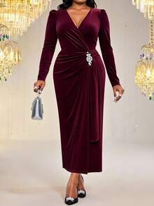 Fleurora Elegantes, bescheidenes Büro-Vintage-Burgunderkleid aus Cord, V-Ausschnitt, Wickel, gerade, Diamant-Kettenhemd, Puffärmel, Herbstkleid für Frauen, Winterkleid, Halloween-Kostüm für Frauen, Weihnachtskleidung für Frauen, langes Abendkleid, Hochzeitsgast-Kleid, Kleid für Hochzeitsgäste, Abendkleid, elegantes Kleid, glitzerndes Kleid, Burgunder-Cord-Kleid - Bordeaux - Übersicht 8
