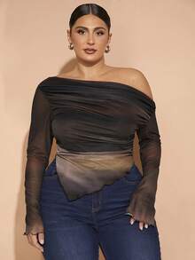 SHEIN X Phaith Montoya SHEIN BAE 大码秋季优雅性感甜美女士抽象渐变图案网纱印花不对称单肩方巾下摆喇叭长袖T恤上衣万圣节装扮约会装 - 彩色 - 查看 1