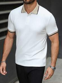 Manfinity CasualCool Men's Casual Ribbed Collar Short Sleeve Polo Shirt Men's Knit Polo Shirt Men's T Collar T Shirt Men's Casual Tops Men Polo Shirts Ribbed Polo Shirt - White - View 3