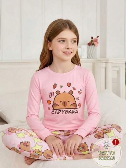 2pcs/Set Girls Cute Bear Animal Print Pink Top & Bear Star All-Over Print Comfortable Soft High Stretch Knit Fabric Snug Fit Loungewear Set Cute Pajamas For Girls Fall Winter