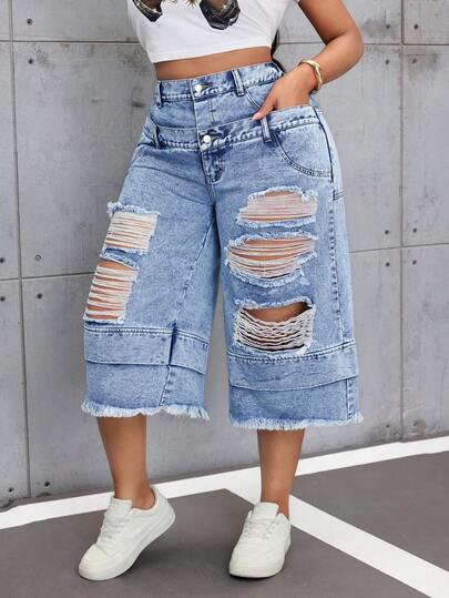 Slaydiva Plus Size Women's Ripped, Loose-Fitting, Cropped Wide-Leg Jeans With Double Waistbands, Acid Washed Denim, Light-Colored Jeans, American Street Casual Style. Summer Spring Women Y2k